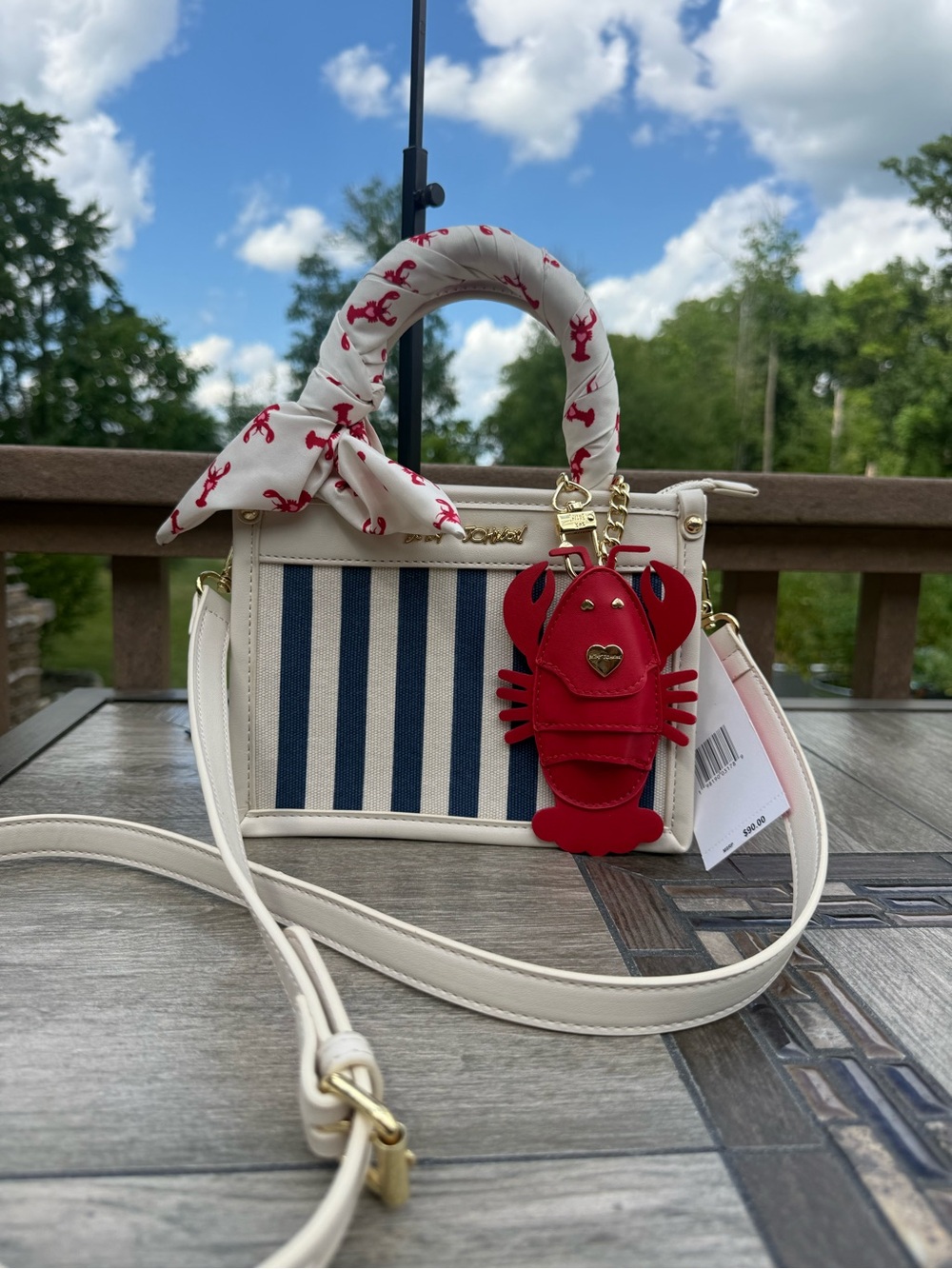 NWT Betsey Johnson Cream Navy Striped Crossbody Red Lobster Charm Lucy Model